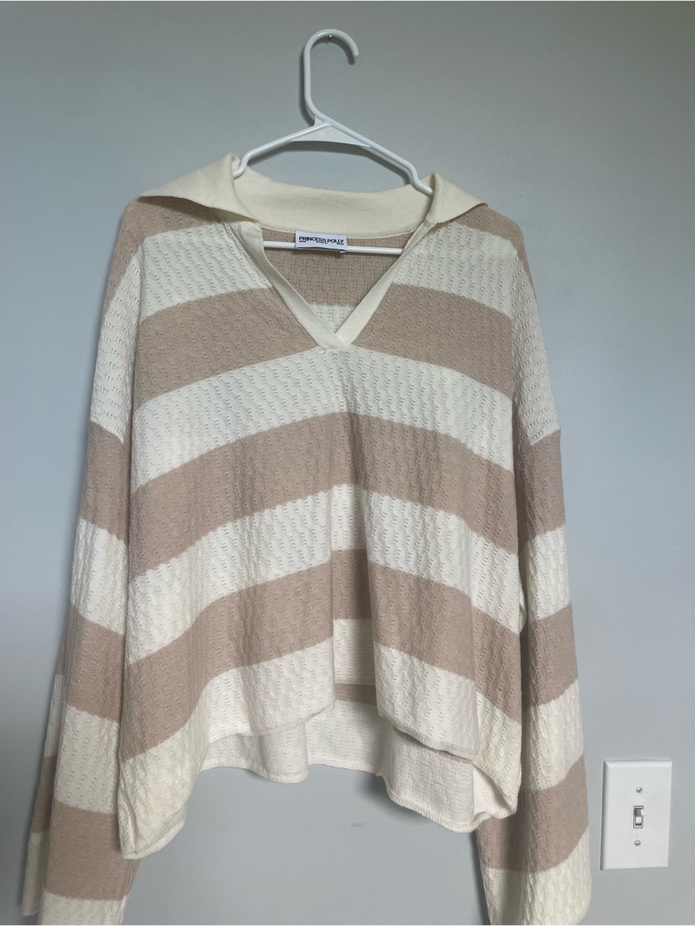 Princess Polly Cream & Beige Striped cropped  Sweater. Arms are wide
